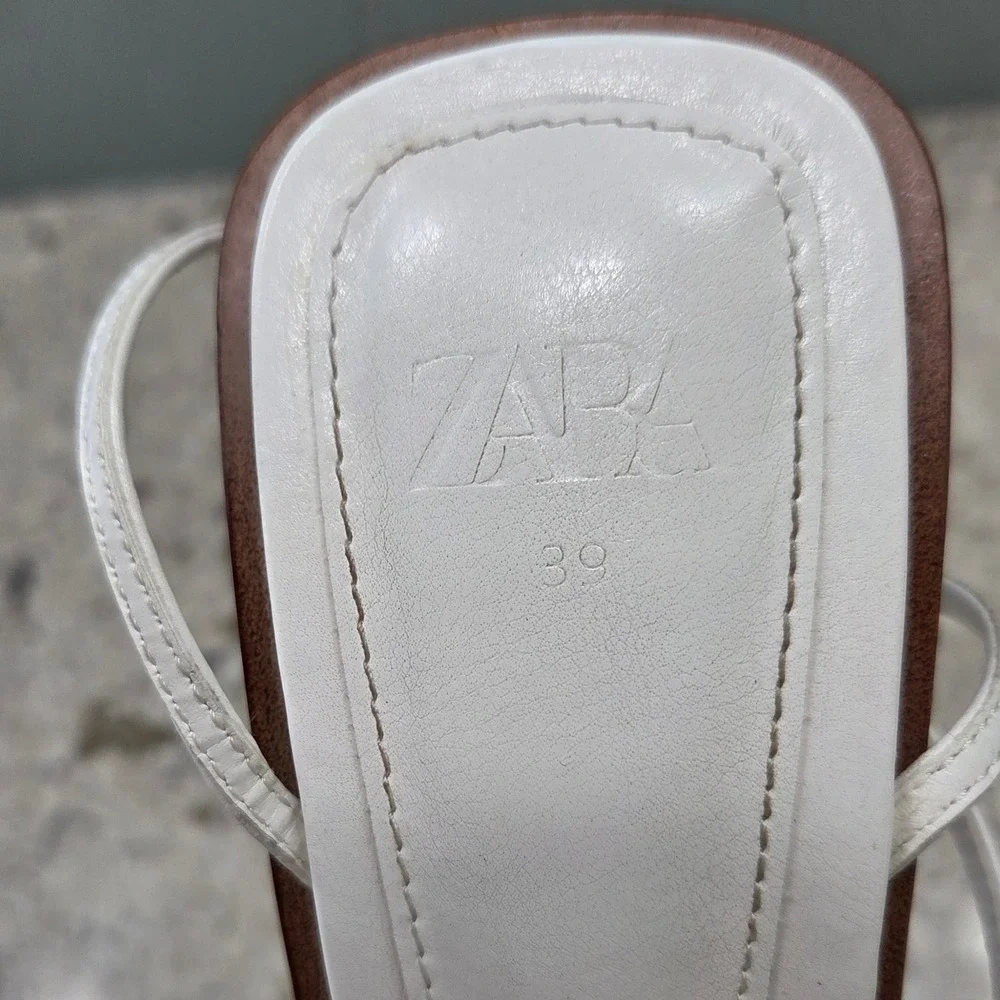 Zara‎ White Heeled Sandals Square Toe Ankle Strap Minimalist Size 39 - Picture 9 of 12